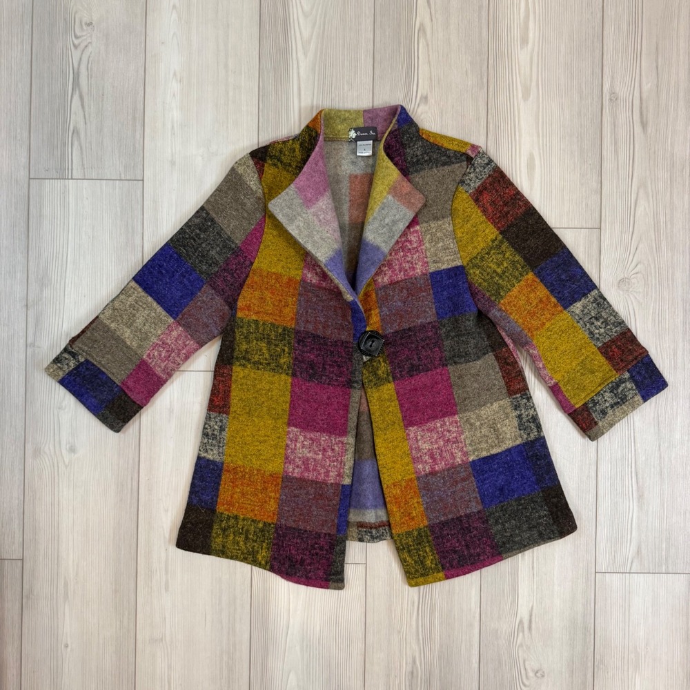 Damee Inc Multicolor Patchwork Knit Jacket Single Button Open Front Size S